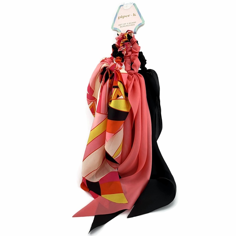 Piper K Coral Pink, Black and Multicolor Scarf Scrunchie Trio